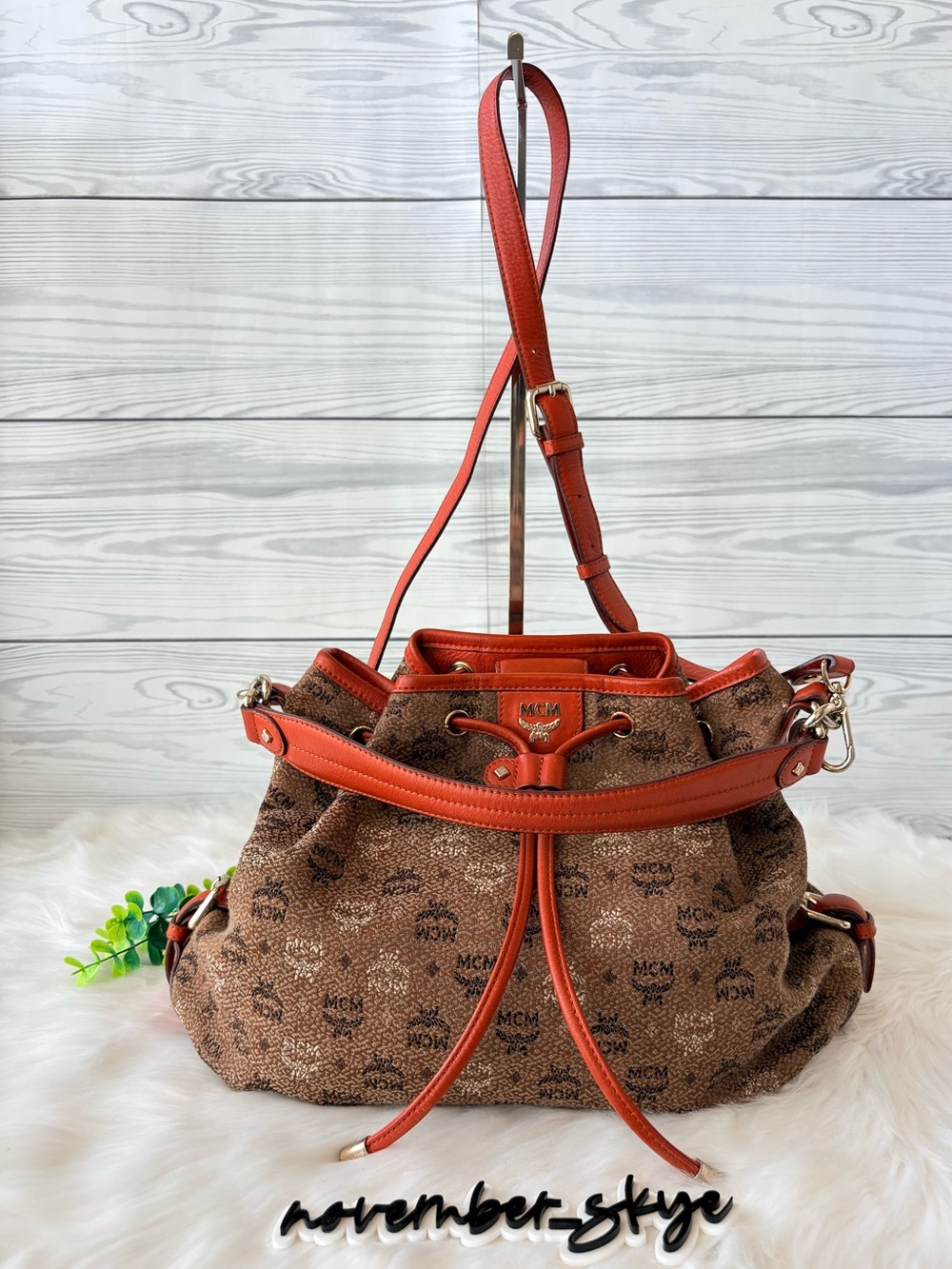 MCM Brown Monogram Drawstring 2 Way Bag